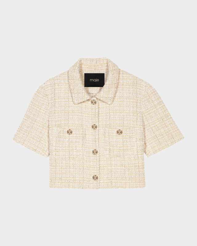 Vilarte Short-Sleeve Shiny Tweed Blazer